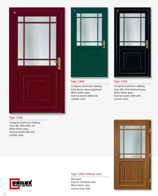 Type 1205 LivingLine – Classic White Gothic Glass LivingLine Door, Wine Red or Anthracite, Oak Interior, Cylinder Lock, Brass Handle Option, 200+ RAL Colors, Multipoint Security